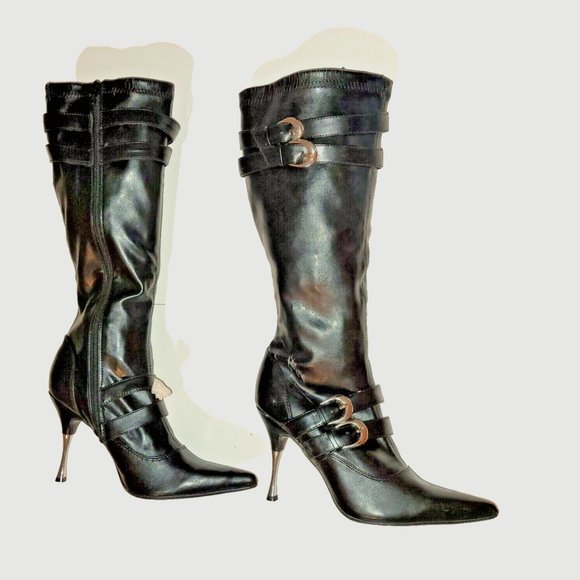 my delicious Shoes - NEW Defect Women Knee High Heel Stileto Boots Faux Leather Pointy Toe Sz 8 Black